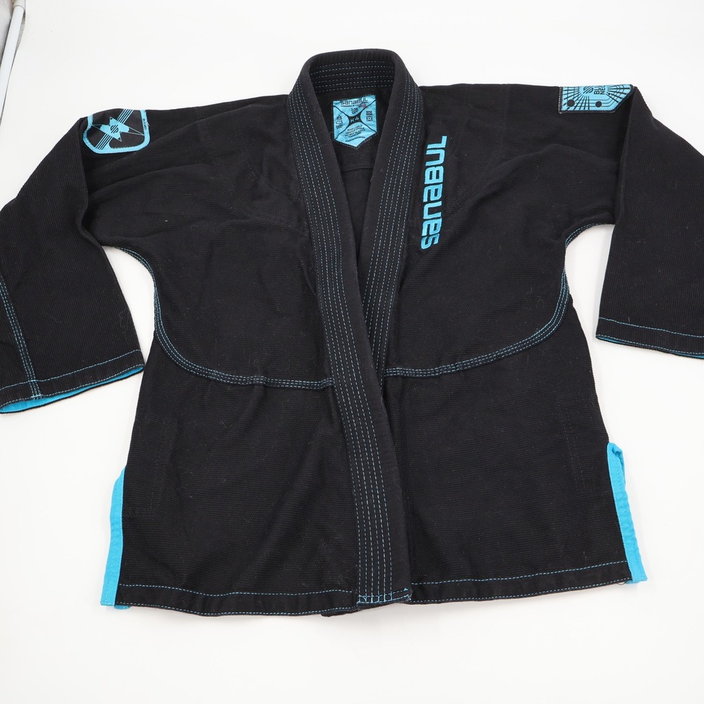 Sanabul BJJ Gi Top Kids Size K4 Black Cyan Blue Contrast Stitching Pearl Weave